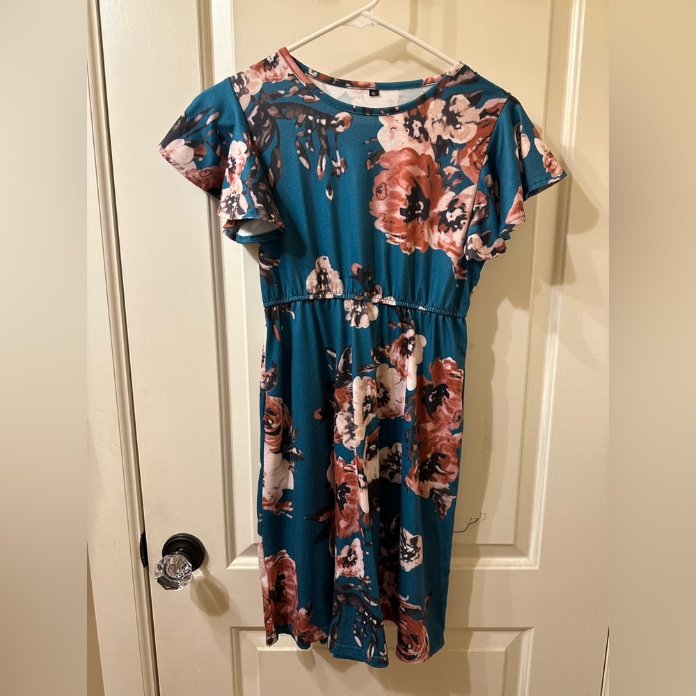 Teal girls dress with pink flowers Amazon Size XL